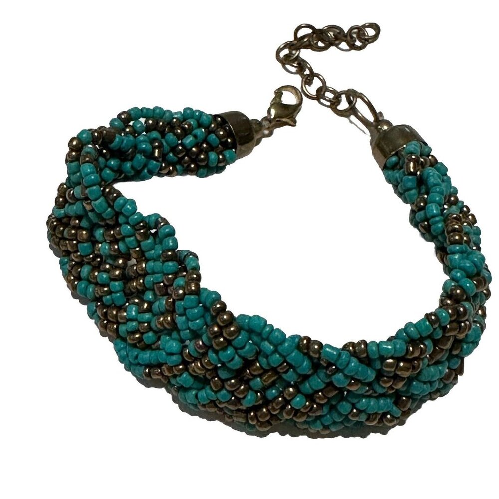 Chunky Gold Tone  Faux Turquoise  Statement Braided Bead Bracelet
